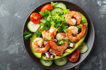Avocado filled with shrimp and vegetables on a plate top view