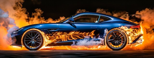 Sports Car in Dramatic Smoke and Light Display