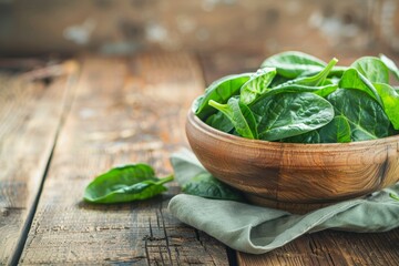 Baby spinach in wooden bowl on rustic background focused