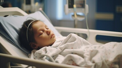 A baby is sleeping in a hospital bed. The baby is wrapped in a blue blanket and has a blue blanket on the bed