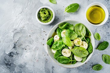 Obraz premium Baby spinach and mozzarella salad with avocado slices paste pesto olive oil dressing Healthy delicious bowl Grey concrete background