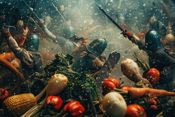 Historical battle scene with warriors wielding weapons forged from hardened vegetables - obrazy, fototapety, plakaty