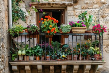 Fototapeta na wymiar Balcony decorated with flowers and vegetables in pots