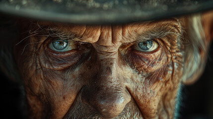  anziano cowboy con rughe profonde e un viso invecchiato, che indossa un cappello da cowboy e mostra uno sguardo intenso, un carattere robusto e la saggezza della tradizione del West americano. - obrazy, fototapety, plakaty