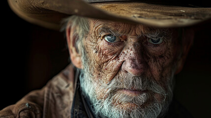  anziano cowboy con rughe profonde e un viso invecchiato, che indossa un cappello da cowboy e mostra uno sguardo intenso, un carattere robusto e la saggezza della tradizione del West americano. - obrazy, fototapety, plakaty