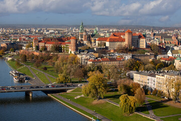 Aerial balloon view of the city, Wawel Royal Castle with Wawel Cathedral, Vistula River and Grunwald Bridge, Krakow, Poland