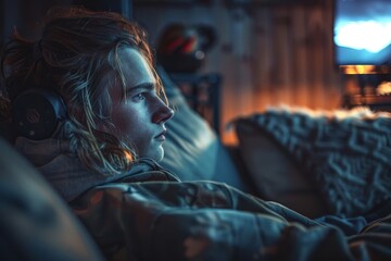 Woman Laying in Bed With Headphones On