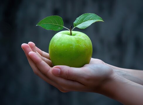 Holding a green apple in the palm, close up view of a hand with an apple and leaf, stock phot