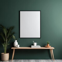 Mockup poster frame in minimalist interior background with dark green wall.