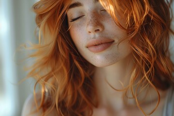 Radiant Redhead Beauty in Soft Light. Concept Portrait Photography, Natural Lighting, Ginger Hair, Soft Focus, Feminine Expression - obrazy, fototapety, plakaty