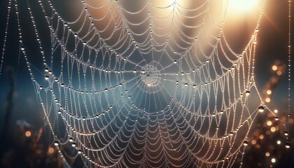 Close-Up: Morning Dew on a Spider Web Highlighting Intricate Patterns and Sparkling Dewdrops