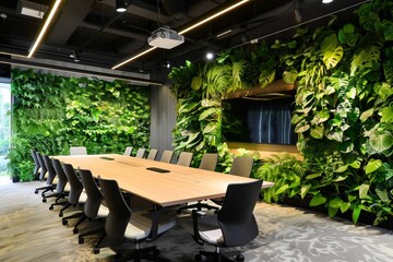 Fototapeta premium Contemporary meeting rooms with bio-design elements and vibrant greenery. Promote a sense of well-being and connection to nature during meetings and discussions.
