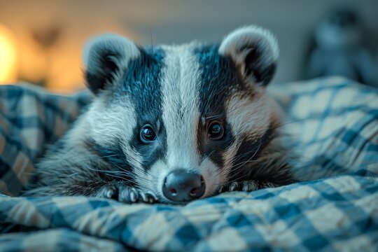 Raccoon Resting on Blue and White Blanket