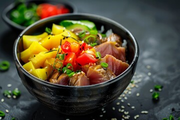 A colorful poke bowl filled with fresh tuna, mango, and vegetables. Healthy Poke Bowl with Fresh Ingredients