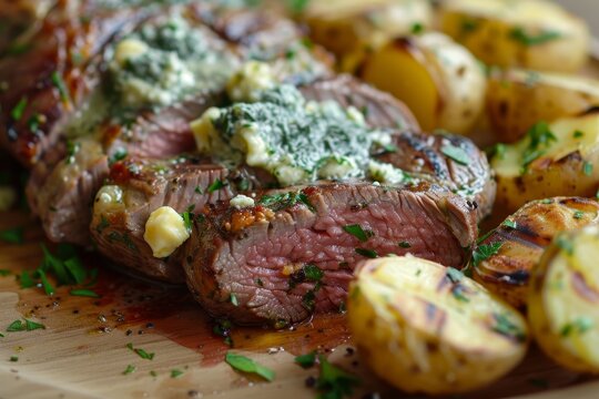 Beef with blue cheese butter and mashed potatoes