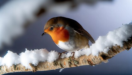 Close-Up: Robin Perched on a Snow-Covered Branch Highlighting Its Vibrant Red Breast Against the White Snow