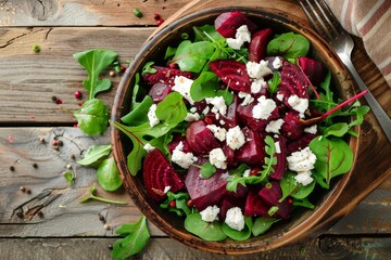 Obraz na płótnie Canvas Beetroot salad with goat cheese on wood table