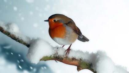 Close-Up: Robin Perched on a Snow-Covered Branch Highlighting Its Vibrant Red Breast Against the White Snow