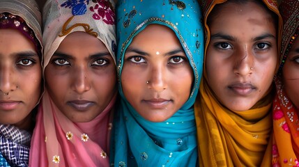 Women of India. Women of the World. Portrait of five women with colorful headscarves looking...