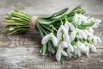 Snowdrop flowers tied in a bouquet on a wooden surface.