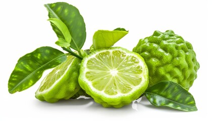 Bergamot or kaffir fruit with leaf on white background