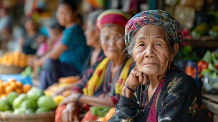 Women of Laos. Women of the World. Elderly woman with a thoughtful expression at a traditional market stall full of fruit and vegetables.  #wotw
