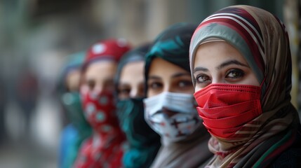 Women of Lebanon. Women of the World. Group of women with colorful headscarves and face masks...