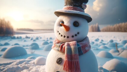Close-Up: Snowman in a Winter Landscape with a Carrot Nose, Coal Eyes, and a Smiling Mouth
