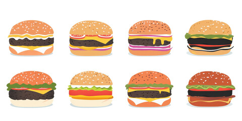 Set of burgers. Various burgers flat icon collection isolated on white background.