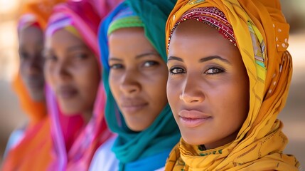 Women of Mauritania. Women of the World. A group of smiling women wearing colorful headscarves looking at the camera  #wotw