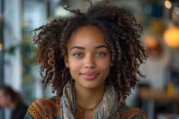 Striking portrait of a young woman with captivating eyes and a pleasant smile, enhanced by bokeh light effects