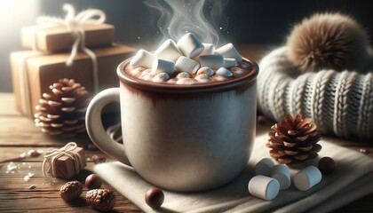 Close-Up: Warm Steaming Hot Chocolate in a Cozy Mug with Marshmallows, Surrounded by Winter Decorations