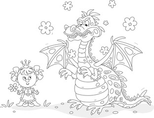 Hungry fire-breathing mythical dragon with clouds of smoke and a funny little princess of a fairytale kingdom, black and white outline vector cartoon illustration for a coloring book