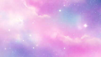 Obraz premium Rainbow unicorn pastel background with glitter stars. Pink fantasy sky. Holographic space with bokeh. Fairy iridescent gradient backdrop. Vector 