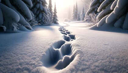 Close-Up: Animal Tracks in Fresh Snow Through a Winter Landscape