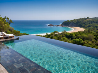 Fototapeta premium Luxurious Infinity Pool Overlooking the Ocean with a Clear Blue Sky at a Modern Resort design.