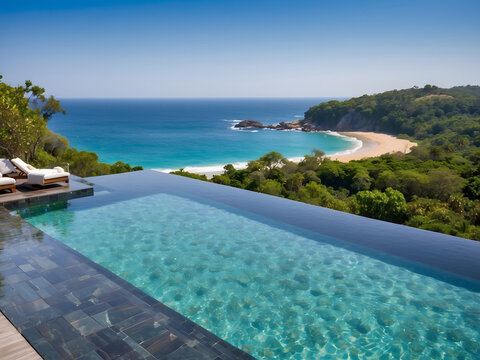 Luxurious Infinity Pool Overlooking the Ocean with a Clear Blue Sky at a Modern Resort design.