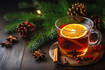 Mulled Wine, Red Winter Drink with Spices, Christmas Tea with Cinnamon, Red Pepper, Anise and Lemon