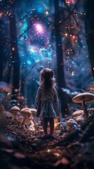 En el corazón de un bosque encantado, una niña se detiene maravillada en un camino espolvoreado con polvo de estrellas, su mirada perdida en el tapiz cósmico tejido entre los árboles.