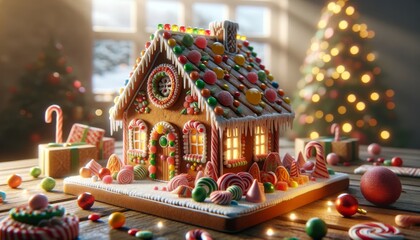 Close-Up: Gingerbread House Decorated with Various Candies and Icing in a Festive Atmosphere