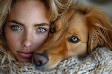Woman with deep blue eyes sharing a tender moment with her golden retriever, showing a bond between human and pet