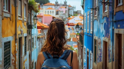 Women of Portugal. Women of the World. A young woman with a backpack gazes down a colorful, historic European street  #wotw