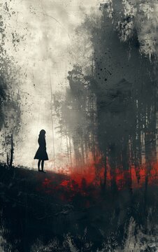 Una figura solitaria se recorta contra la belleza caótica de un bosque, donde las sombras juegan con la luz y un toque de carmesí sugiere una historia no contada.