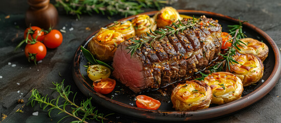 American Beef Cut (Tenderloin): A cut from the loin, located towards the back of the cow. It spans two primal cuts: the short loin and the sirloin, vegetables and pastry around bowl