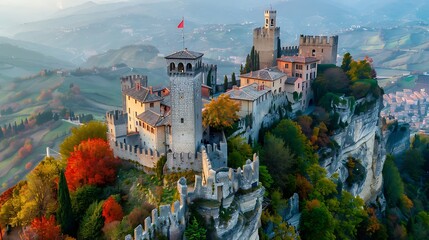 Women of San marino. Women of the World. An aerial view of a medieval castle perched on a cliff...