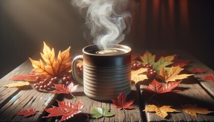 Close-Up: Steaming Mug of Coffee on a Rustic Wooden Table, Surrounded by Autumn Leaves
