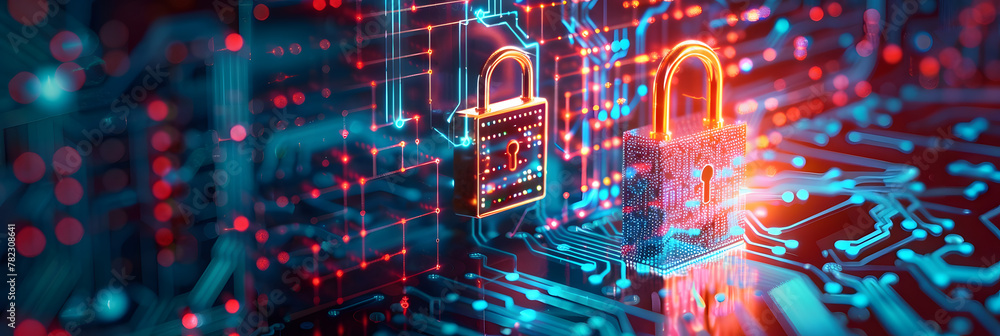 Poster lock on circuit pattern. concept of data security and cybersecurity.