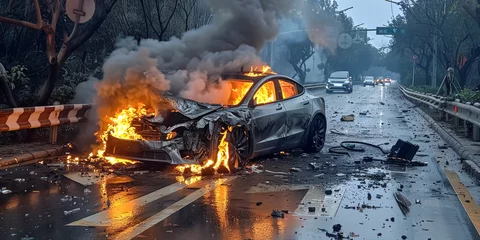 Gordijnen car colliding with a guardrail next to a zebra crossing. The whole car is burning, and the ground is covered with scattered car parts. © Design Resources