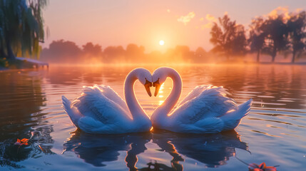 two swans forming a heart shape with their necks on a tranquil lake as the sunset - obrazy, fototapety, plakaty