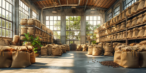 large warehouse packed to the roof of burlap coffee sacks full of coffee - obrazy, fototapety, plakaty